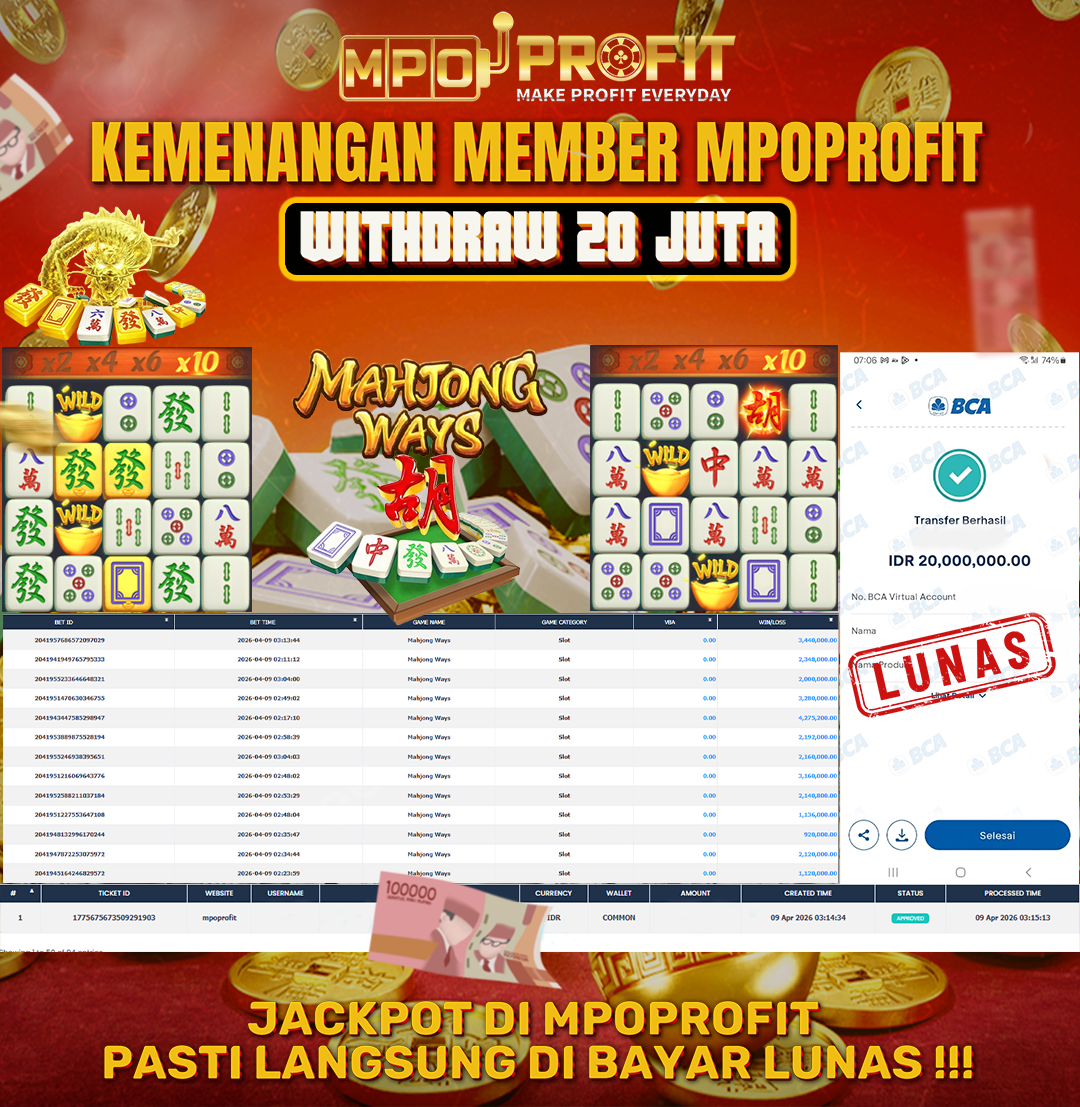 MPOPROFIT JACKPOT SLOT PGSOFT! KEMENANGAN MURNI DI (MAHJONG WAYS TOTAL RP 20.000.000,- LUNAS)